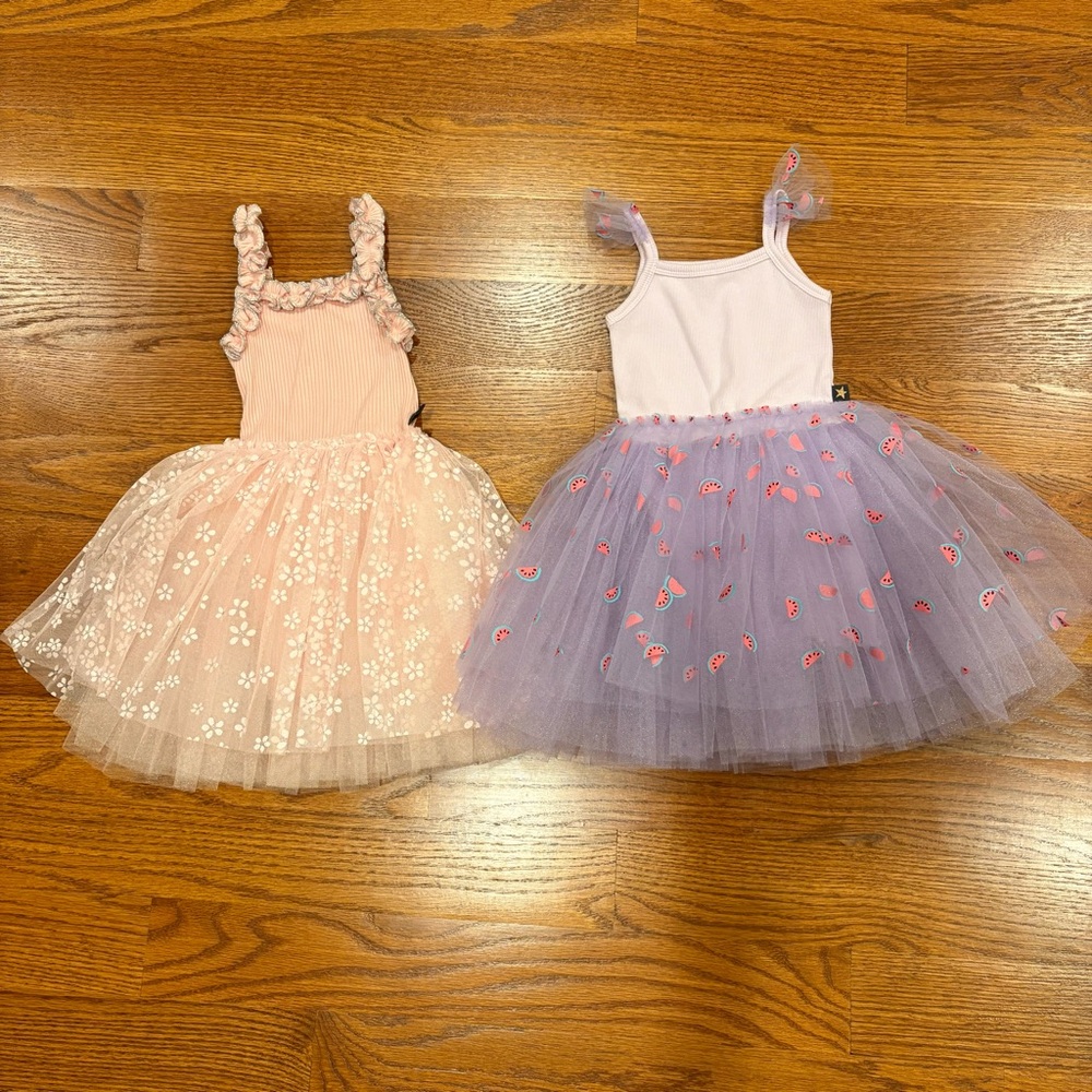 set of 2 tutu dresses, watermelon and daisy, 12-24M-ish flexible sizing